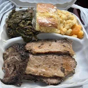 Brisket Entree with collard greens, mac and cheese with cornbread..