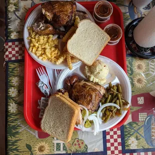 Chicken, sausage, brisket, Mac &amp; cheese, fries, potato salad, and green beans