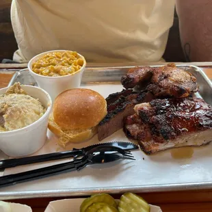 Ribs, brisket and chicken, cream corn, potato salad