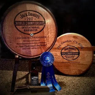  barrel of jack daniels bourbon and a blue ribbon