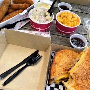 Brisket Grilled Cheese with a side of Mac &amp; Cheese and Potato Salad along with Fried Pub Pickles