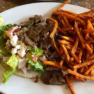 Gyro and Sweet Potato Fries.