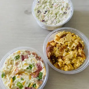 Top to bottom: slaw, corn casserole and potato salad