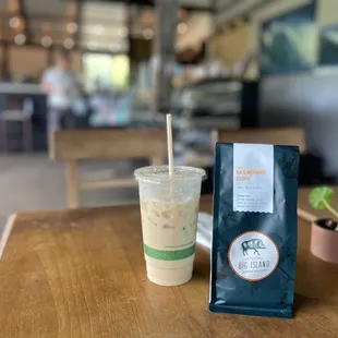 a coffee bag and a drink