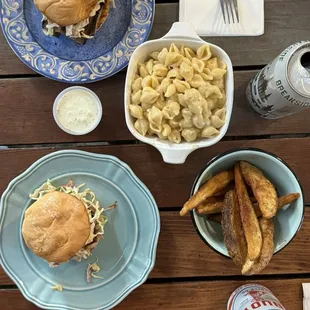 Brisket slider, pulled pork slider, mac n cheese, potato wedges.