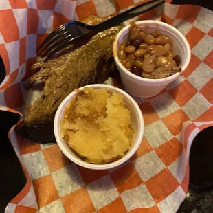 Brisket, baked beans, corn pudding