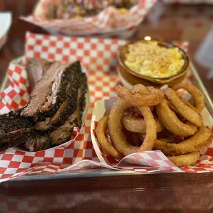 Brisket plate with Mac n cheese and Onion Rings