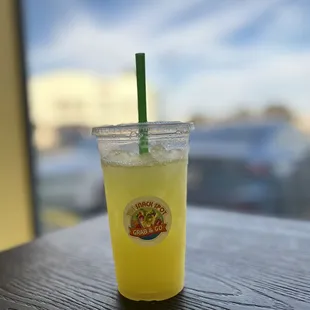 a drink in a plastic cup with a straw