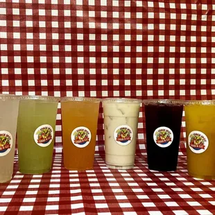 Aguas Frescas,(Left to Right)
Piña,Limón,Pepino,Melón,Horchata,Jamaica,Mango,&amp; Sandía