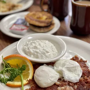 Corned Beef Hash, Poached Eggs, Cottage Cheese, English Muffins