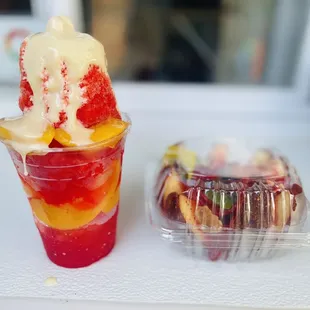 a dessert and a plastic container