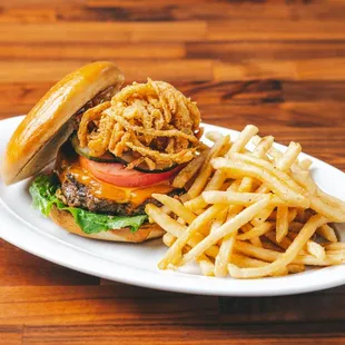 a burger and fries