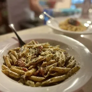 Truffle Bacon Penne Pasta ($24) - bacon, black truffle pate, beurre blanc, penne, shredded parmesan