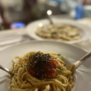 Uni Mentaiko Spaghetti ($24) - uni mentaiko cream sauce, ikura, mentaiko, fried garlic chips, green onions, kizami nori