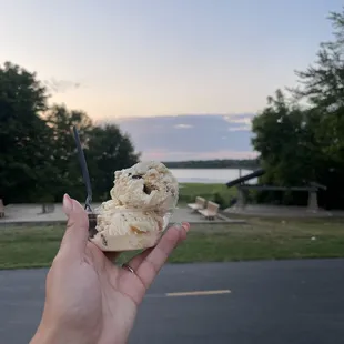a hand holding a scoop of ice cream