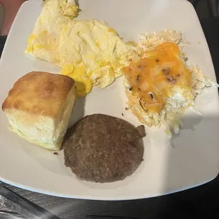 2 eggs, sausage, hash browns, biscuit