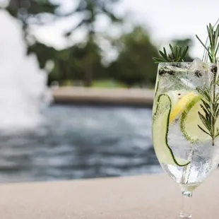 a glass of water with lemon and rosemary garnish