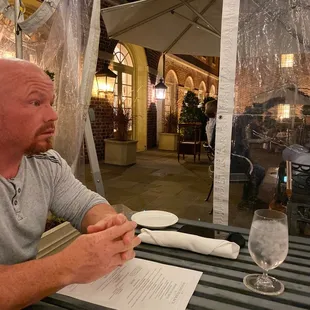 Outside... but inside the tent seating area