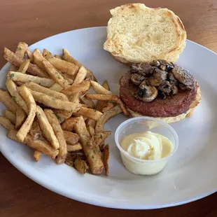 Veggie burger, fries