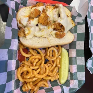Buffalo chicken sandwich and curly fries