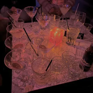 a table full of empty glasses