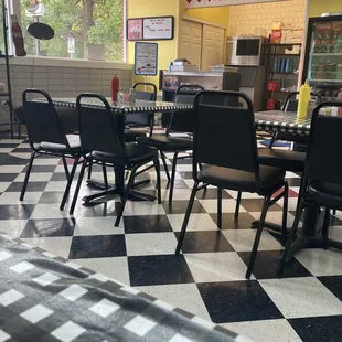 a black and white checkered floor