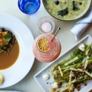 a plate of food and a drink