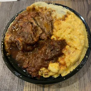 BBQ Beef Ribs, Side of Mashed Potatoes, and Side of Macaroni and Cheese