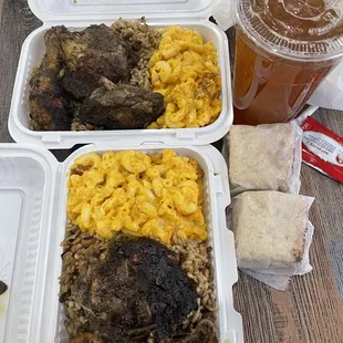 Homemade Iced Tea Jerk Chicken Lunch 7. 2 Chicken Combo with 2 Sides and Corn Bread Lunch Combo