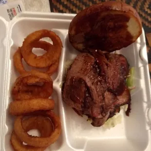 Onion rings and BBQ Brisket.