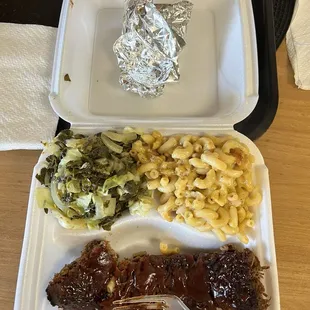 Rib Dinner with Vegan Mac n Cheese and Vegan Collard Greens w/Cabbage.