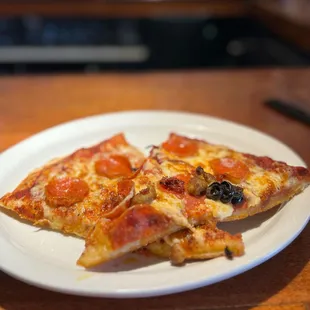 three slices of pizza on a plate