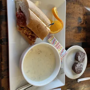 Clam Chowder with 1/2 meatball sub.