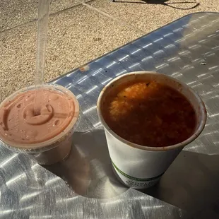 Turkey and rice soup and strawberry banana smoothie