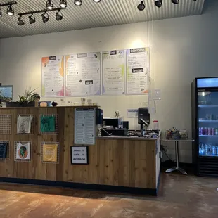 a counter and a refrigerator