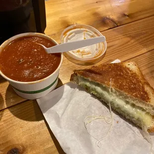 Basil pesto provolone grilled cheese and tomato basil soup