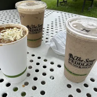 Chili, grilled cheese, smoothie, and iced coffee