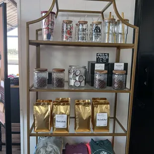 Bagged coffee for sale, whole beans, k pods, coffee mugs, t shirts