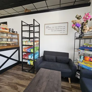 So many treats available and inviting dining space with board games