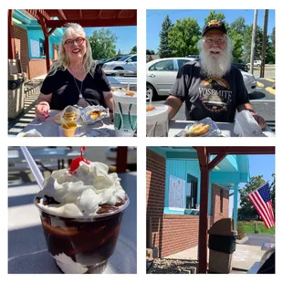 Outdoor dining,well maintained building, Hot fudge sundae.