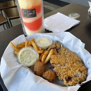 Catfish Basket with Hushpuppies and Fries with a Frozen Swirled Daiquiri