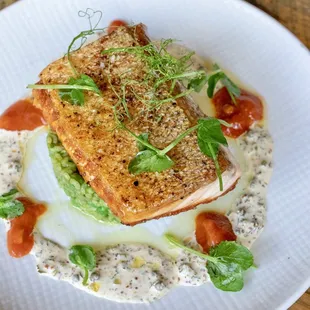 Roasted King Salmon with stewed tomatoes &amp; okra, spring pea rice, ravigote