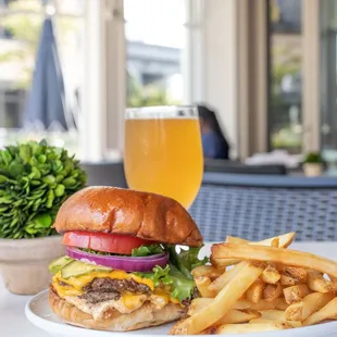 Classic Double Patty Cheeseburger with lettuce, tomato, red onion, bistro sauce,
bread &amp; butter pickles, served with fries