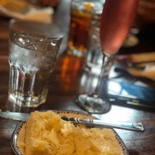 Warm cornbread with butter and a cranberry mimosa to start off brunch on the right foot.