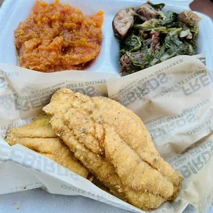 Catfish plate with greens and yams!