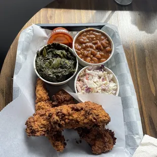 Chickn Strip Meal with one side $10.25 2 additional sides @3.25 each TSV- Nashville Hot Chicken sauce