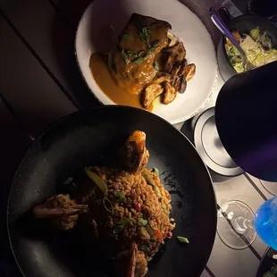 Brisket with roasted potatoes  Crab cakes wrapped with shrimp with fried rice