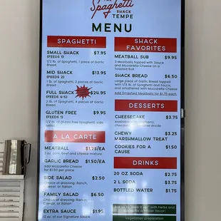 a menu on the wall