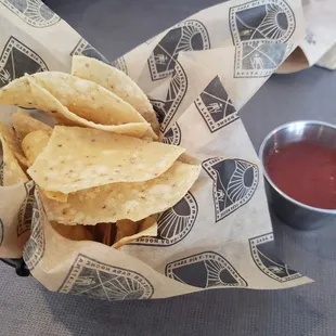 Personal basket of chips and salsa