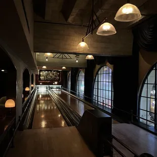 a bowling alley with bowling lanes